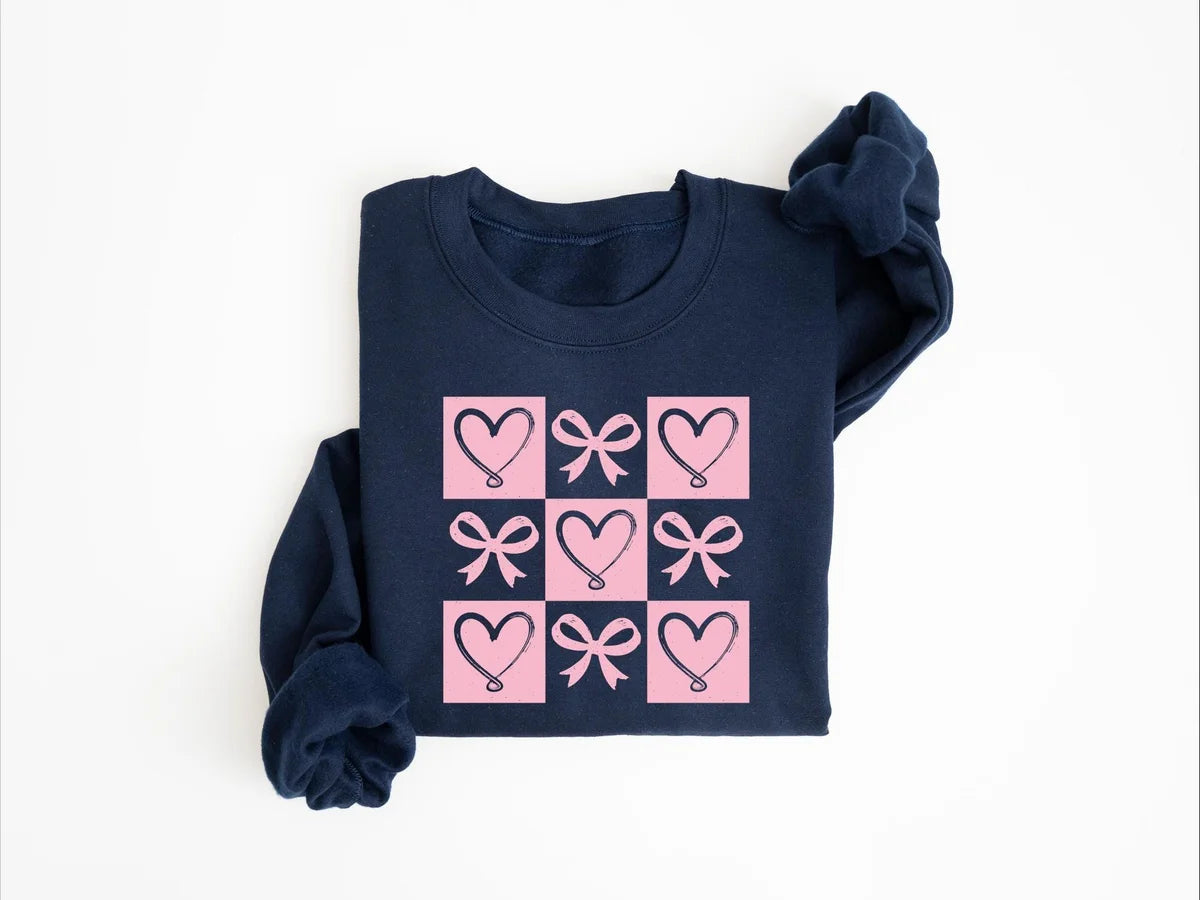 Retro Coquette Bow Valentines Heart Crewneck Sweatshirt alternate product view.