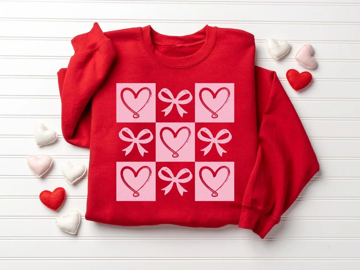 Retro Coquette Bow Valentines Heart Crewneck Sweatshirt hero view.
