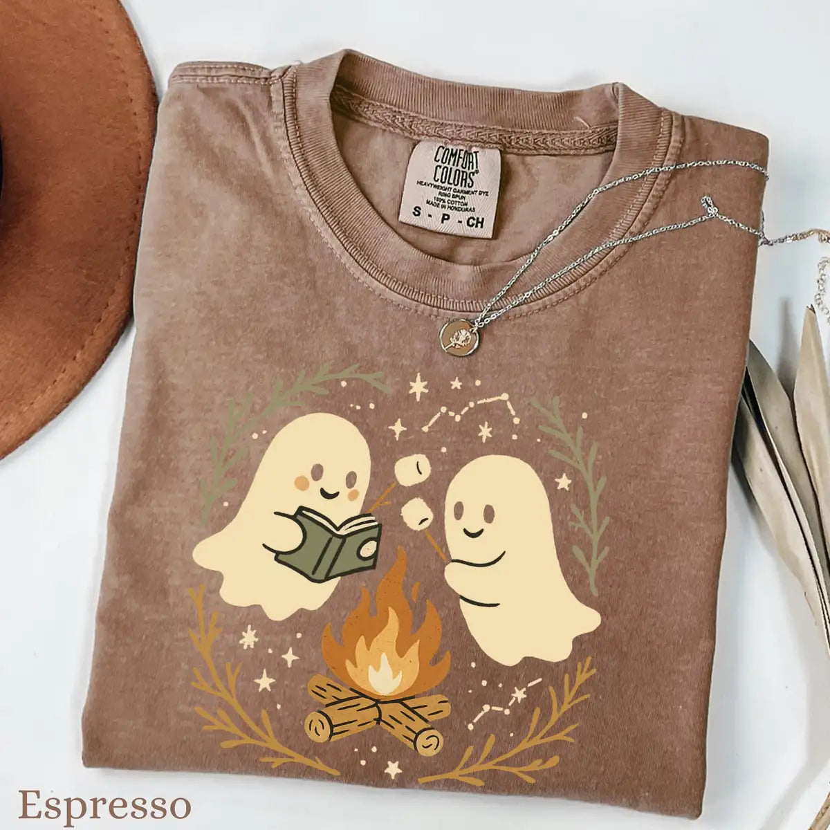 Pepper Comfort Colors T-shirt featuring Retro Ghost Reading Books Halloween print