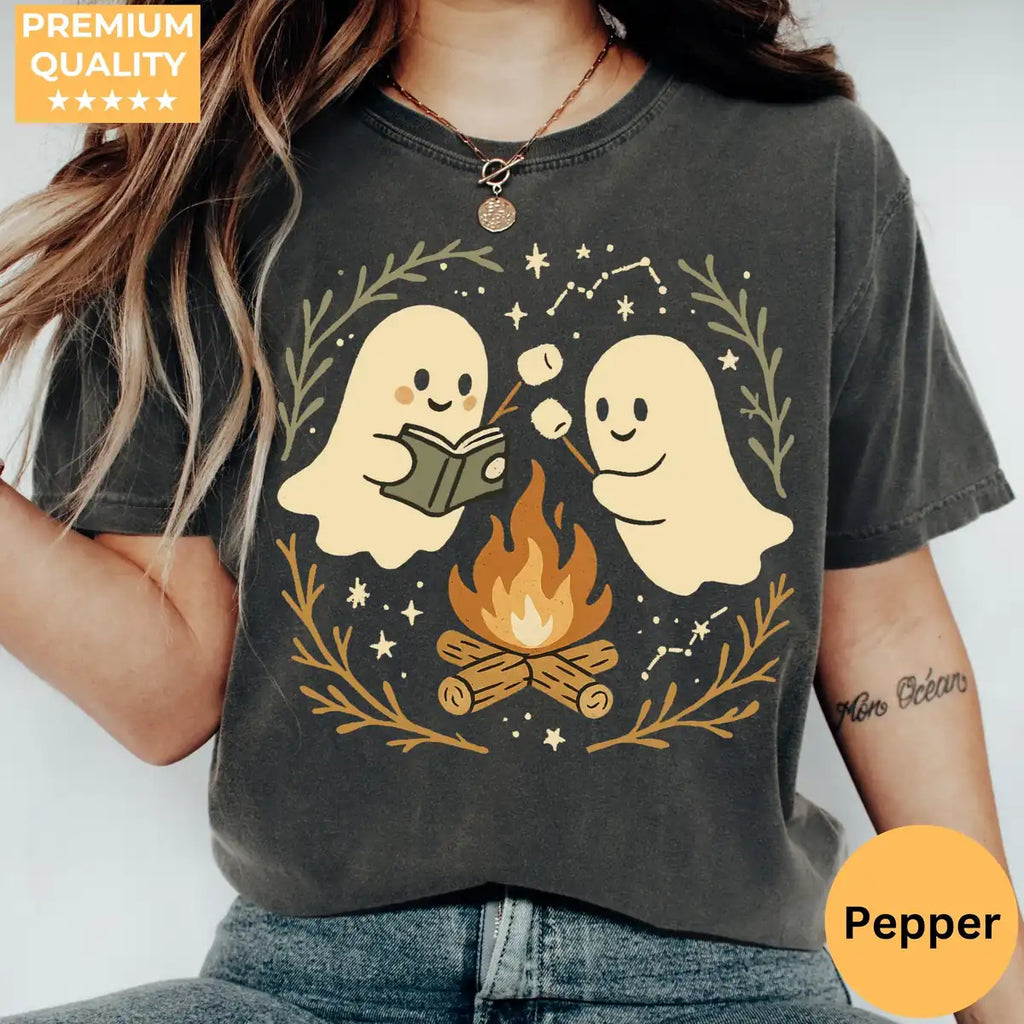 Espresso Comfort Colors T-shirt mockup showing Retro Ghost Reading Books Halloween design