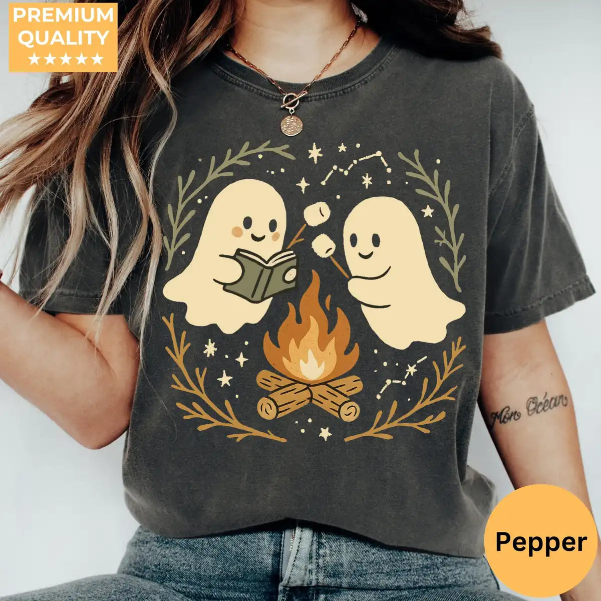 Espresso Comfort Colors T-shirt mockup showing Retro Ghost Reading Books Halloween design