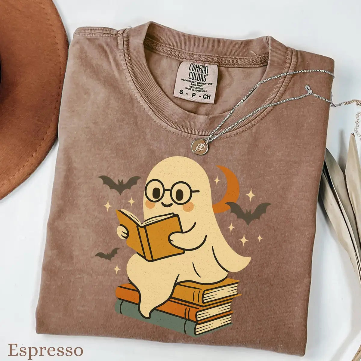 Light Comfort Colors T-shirt featuring Retro Ghost Reading Books Halloween print