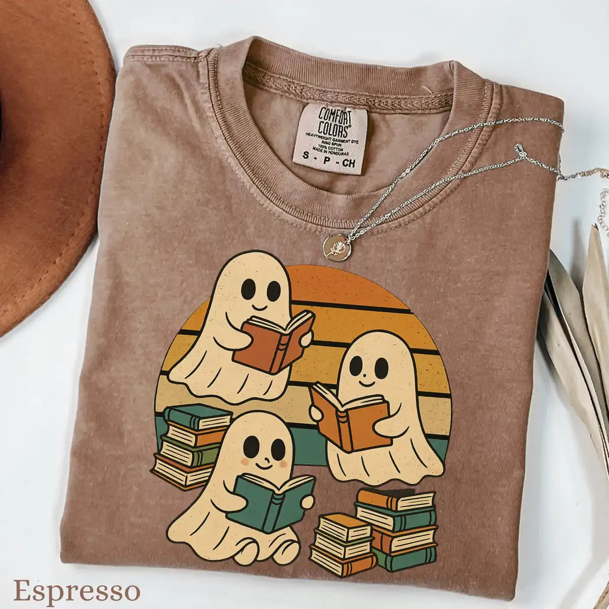 Yam Comfort Colors T-shirt featuring Retro Ghost Reading Books Halloween print