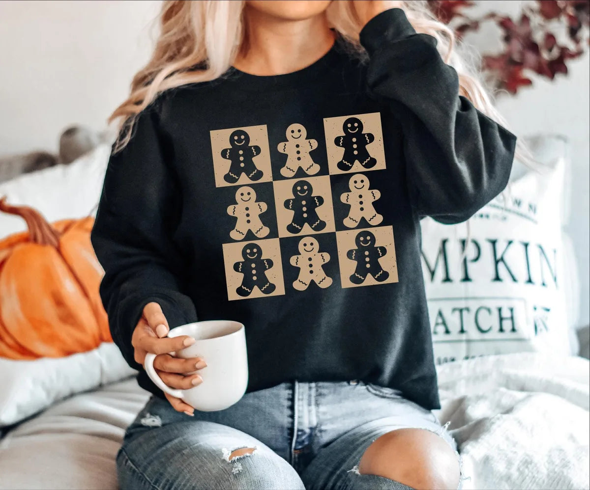 Retro Gingerbread Cookies : Womens Christmas Crewneck Sweatshirt alternate product view in Black.