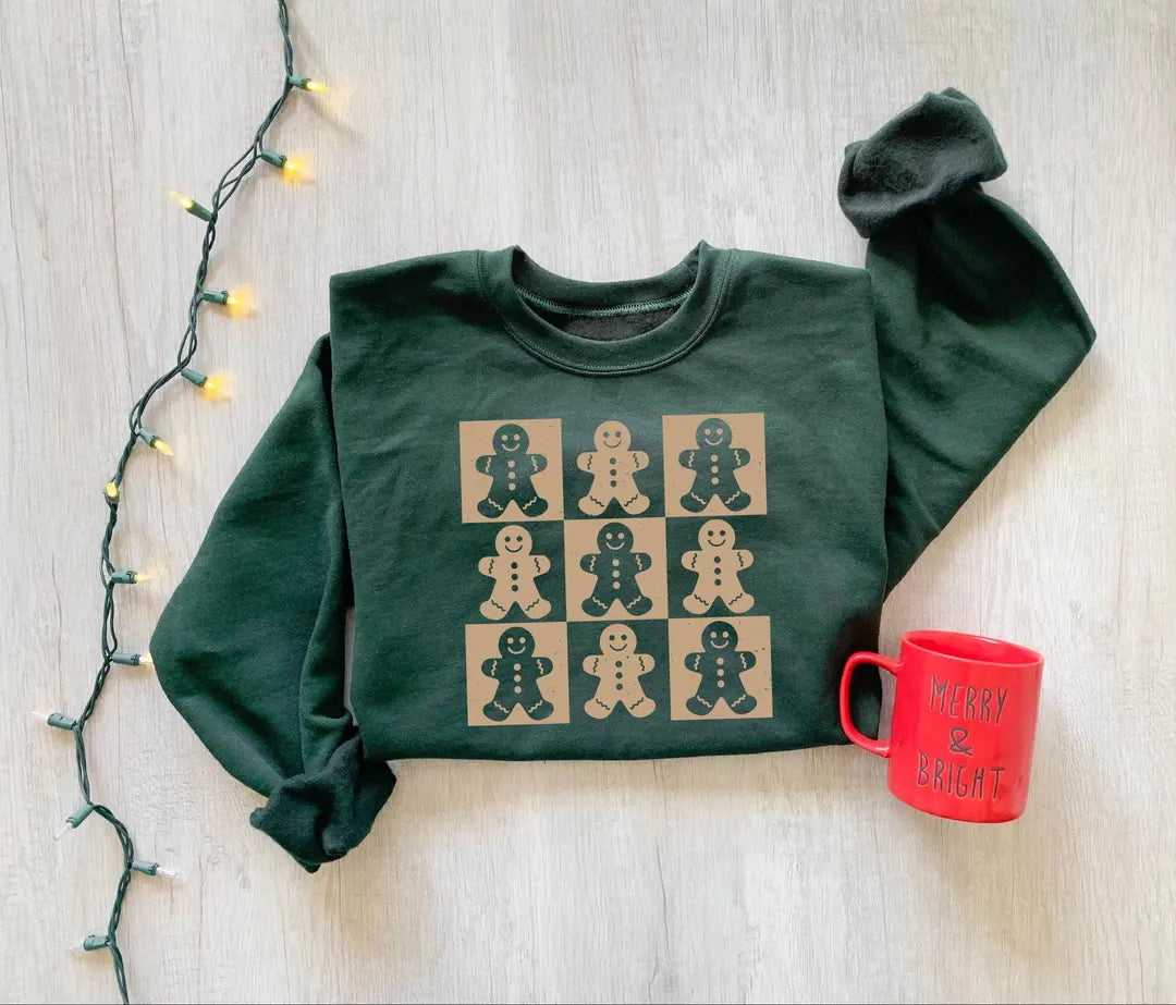 Retro gingerbread cookies crewneck sweatshirt in Forest Green.
