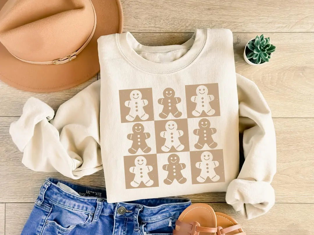 Retro Gingerbread Cookies : Womens Christmas Crewneck Sweatshirt shown on a model.