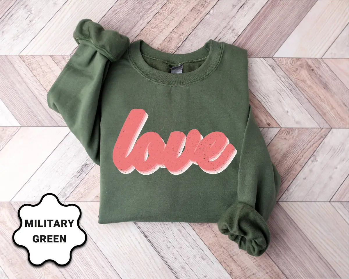 Retro Love Crewneck Sweatshirt alternate product view in Military Green.