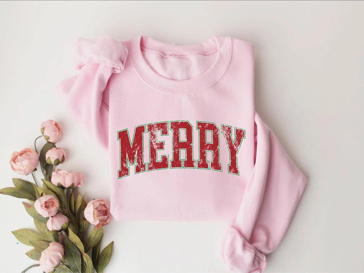Retro Merry Christmas : Cute Holiday Gift Crewneck Sweatshirt alternate product view.