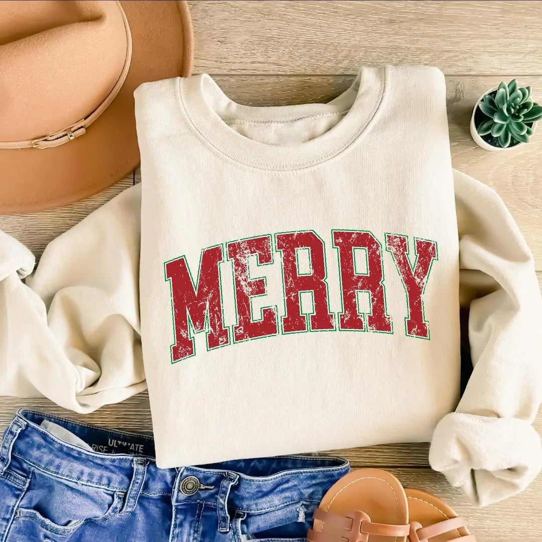 Retro Merry Christmas : Cute Holiday Gift Crewneck Sweatshirt hero view.