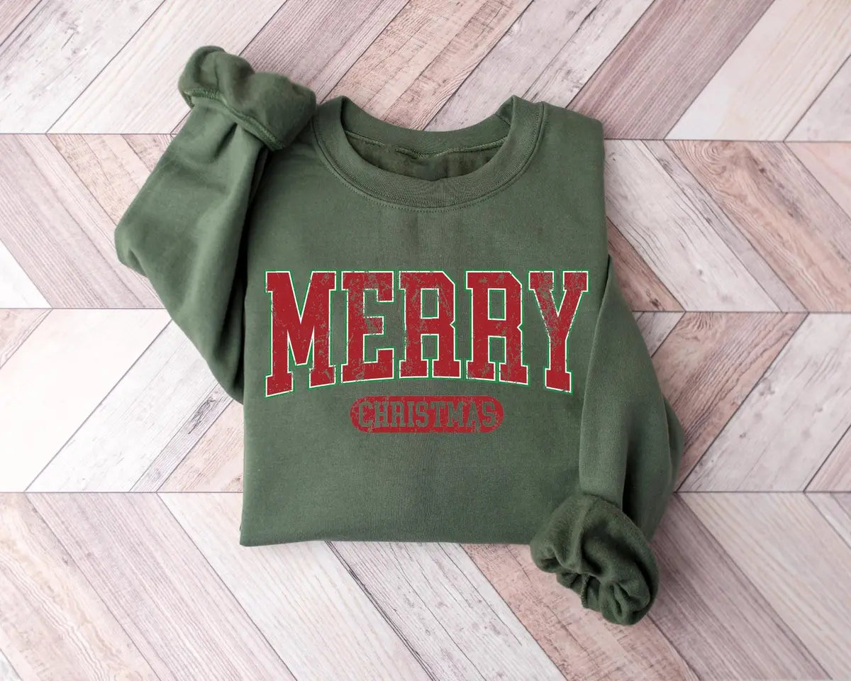 Retro Merry Christmas : Womens Holiday Crewneck Sweatshirt alternate product view.
