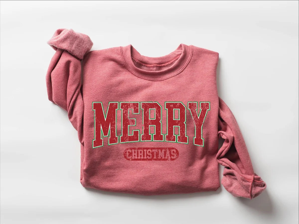 Retro Merry Christmas : Womens Holiday Crewneck Sweatshirt alternate product view.