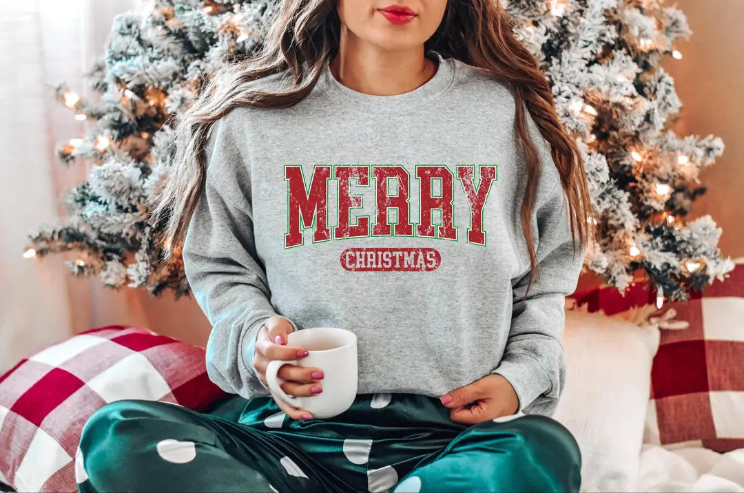Retro Merry Christmas : Womens Holiday Crewneck Sweatshirt alternate product view.