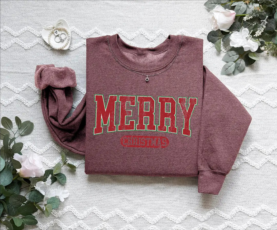 Retro Merry Christmas : Womens Holiday Crewneck Sweatshirt alternate product view.