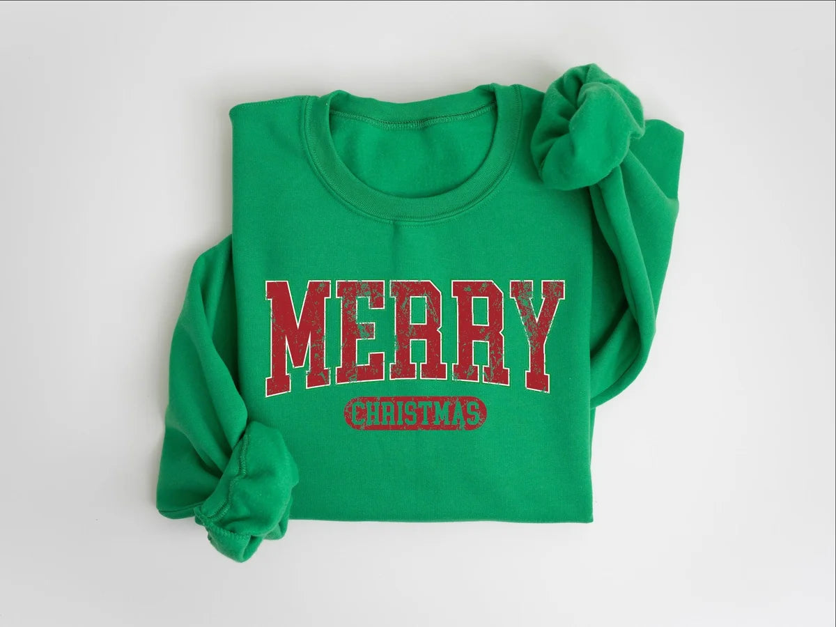 Retro Merry Christmas : Womens Holiday Crewneck Sweatshirt alternate product view.