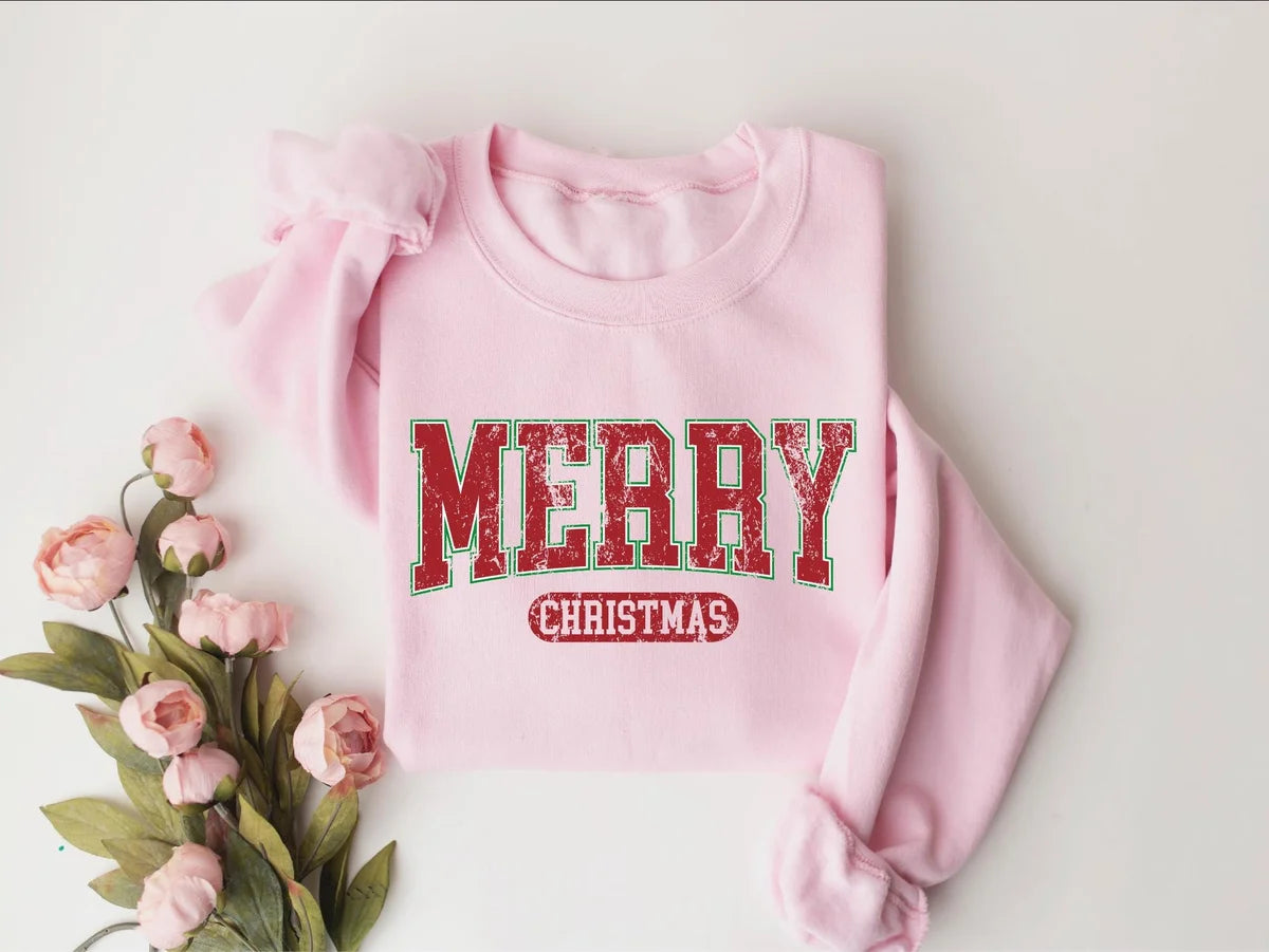 Retro Merry Christmas : Womens Holiday Crewneck Sweatshirt alternate product view.