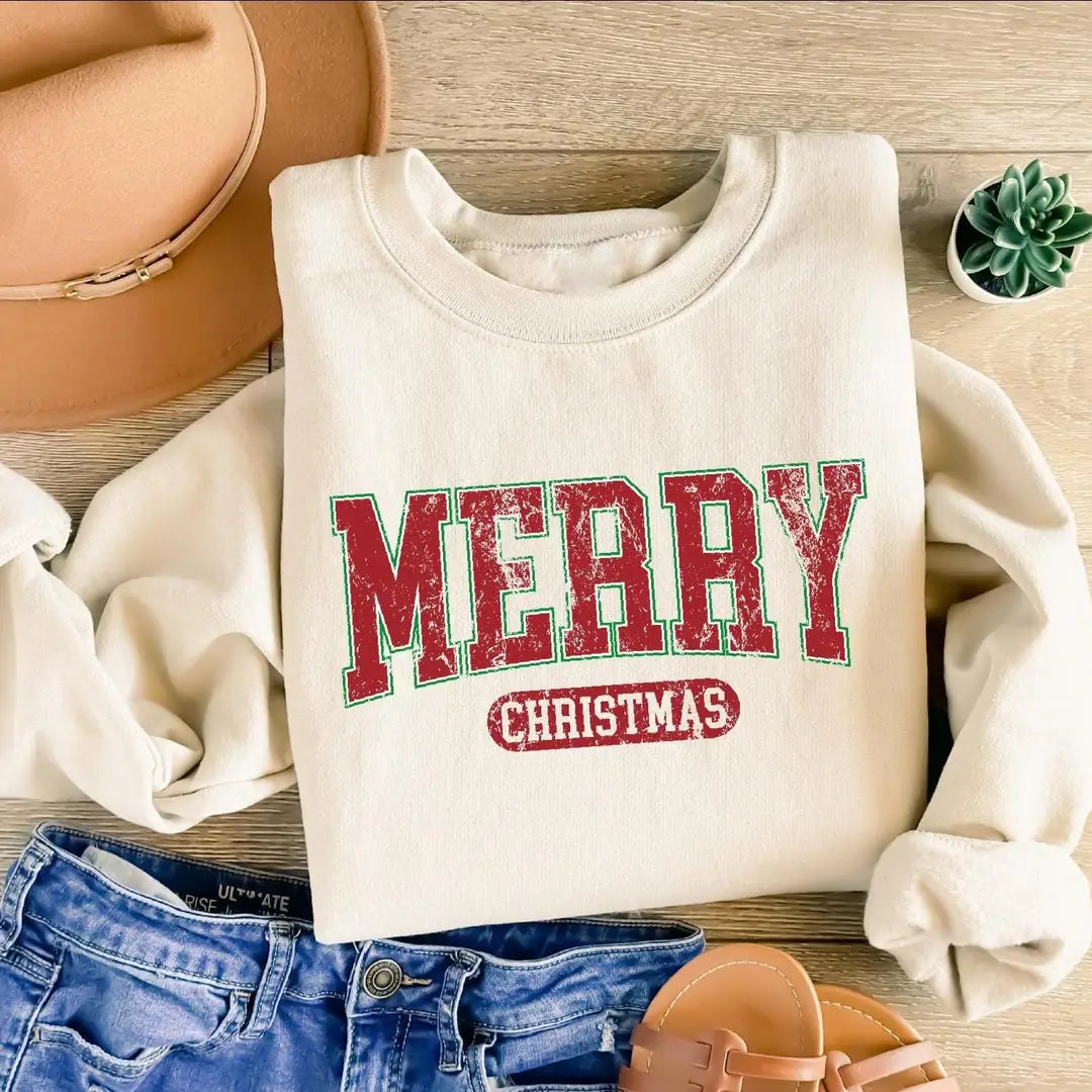 Retro Merry Christmas : Womens Holiday Crewneck Sweatshirt hero view.