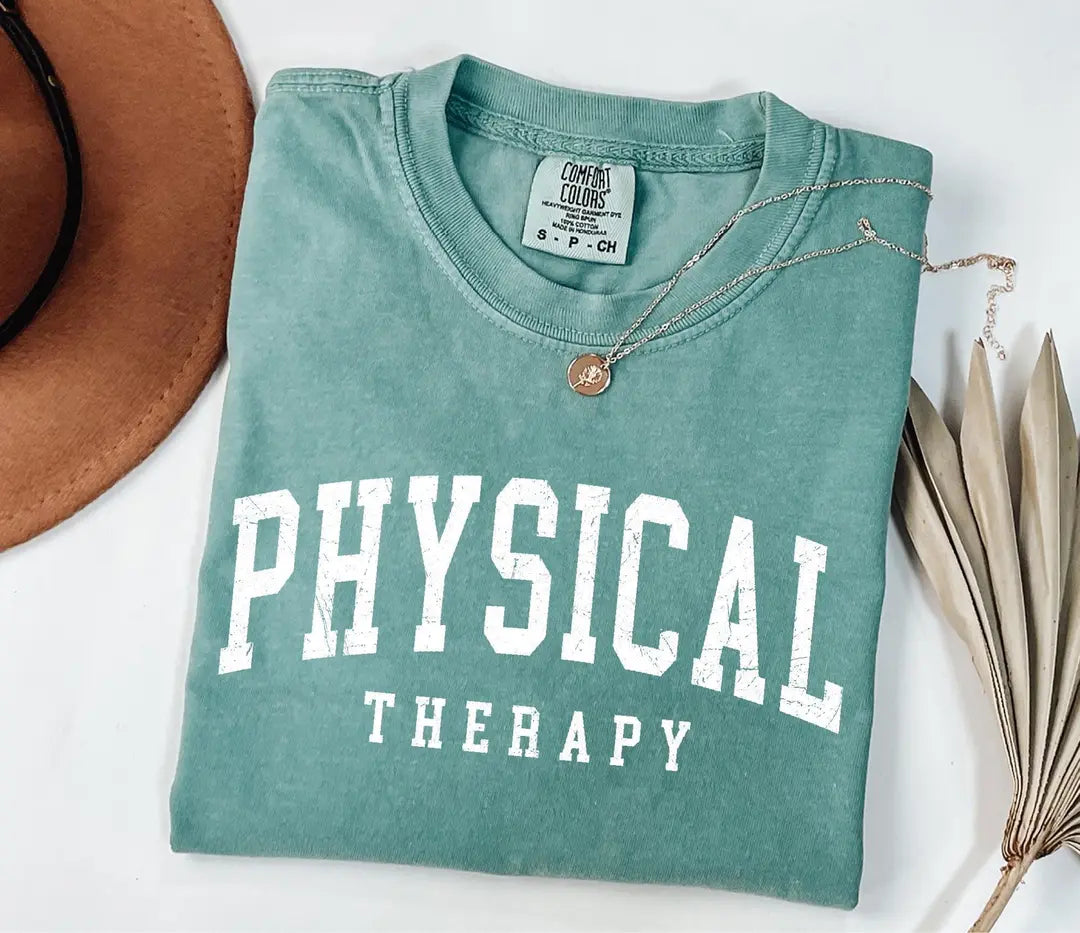 Seafoam Comfort Colors 1717 tee with white retro collegiate PHYSICAL THERAPY lettering.