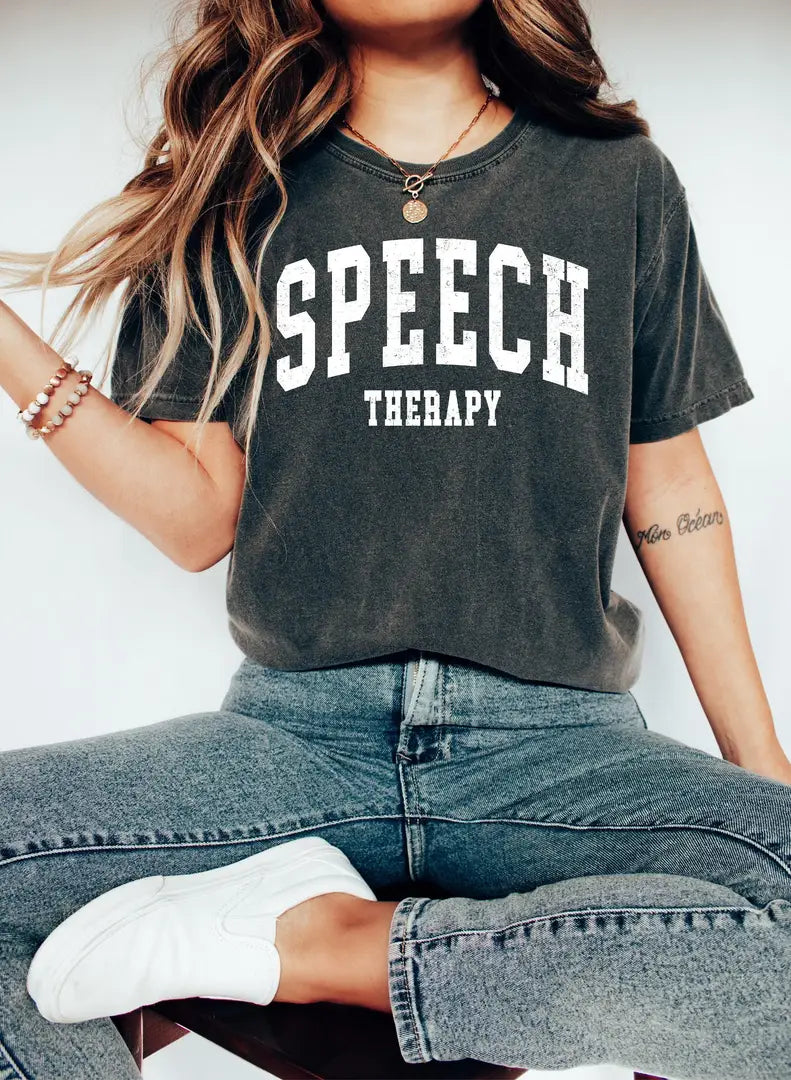 Retro Speech Therapy graphic Comfort Colors T-shirt, additional product photograph.