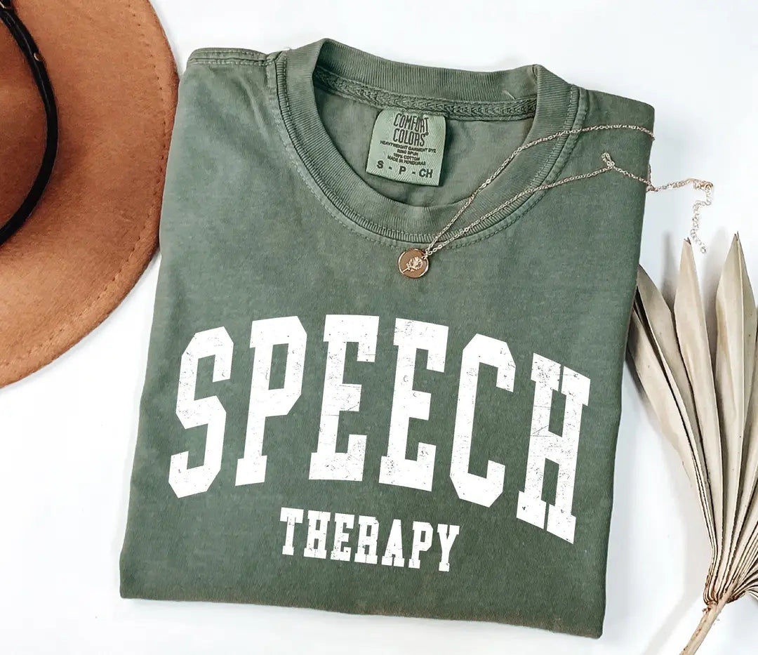Retro Speech Therapy graphic Comfort Colors T-shirt, additional product photograph.