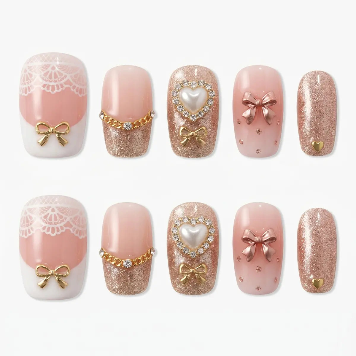 rose gold 3d charms square short press on nails lace ribbon bow flat lay 01
