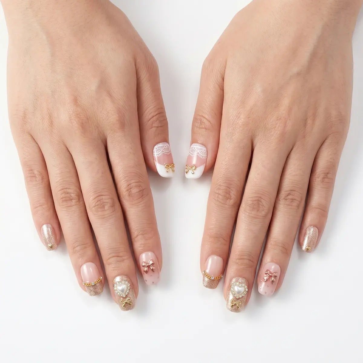 rose gold 3d charms square short press on nails lace ribbon bow mockup 01