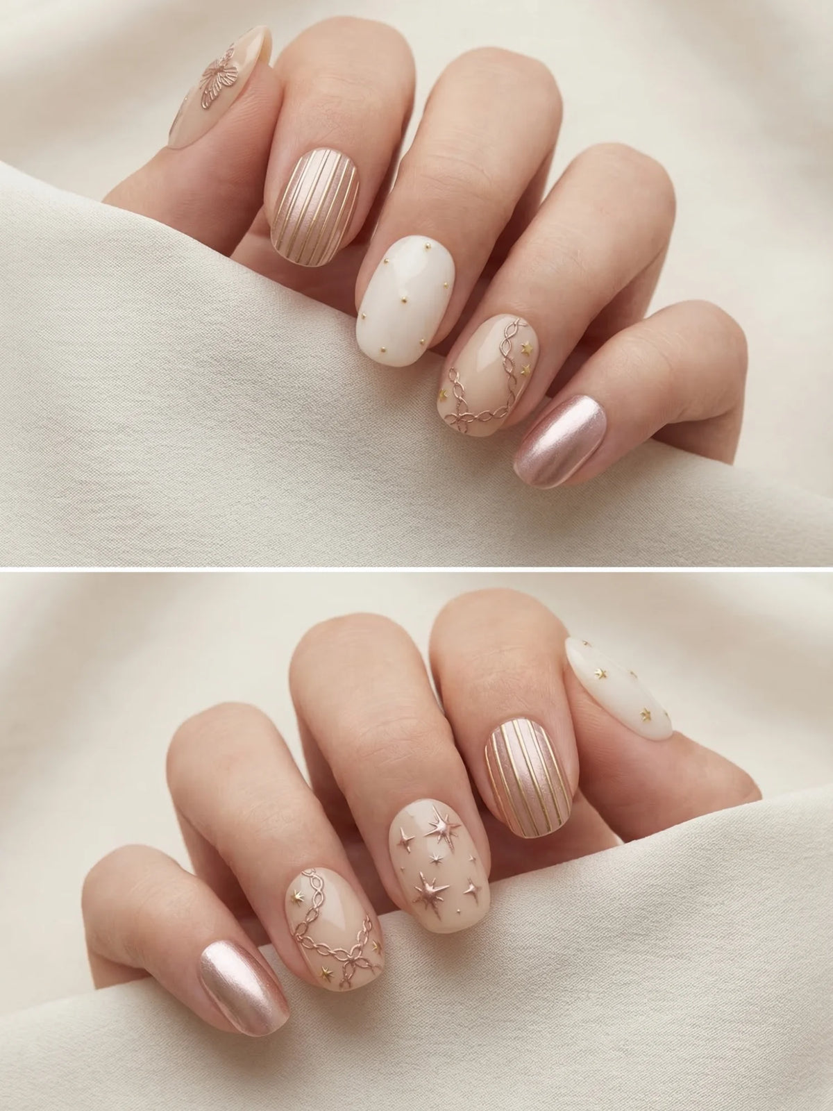 rose gold chrome almond medium press on nails metallic mockup 01
