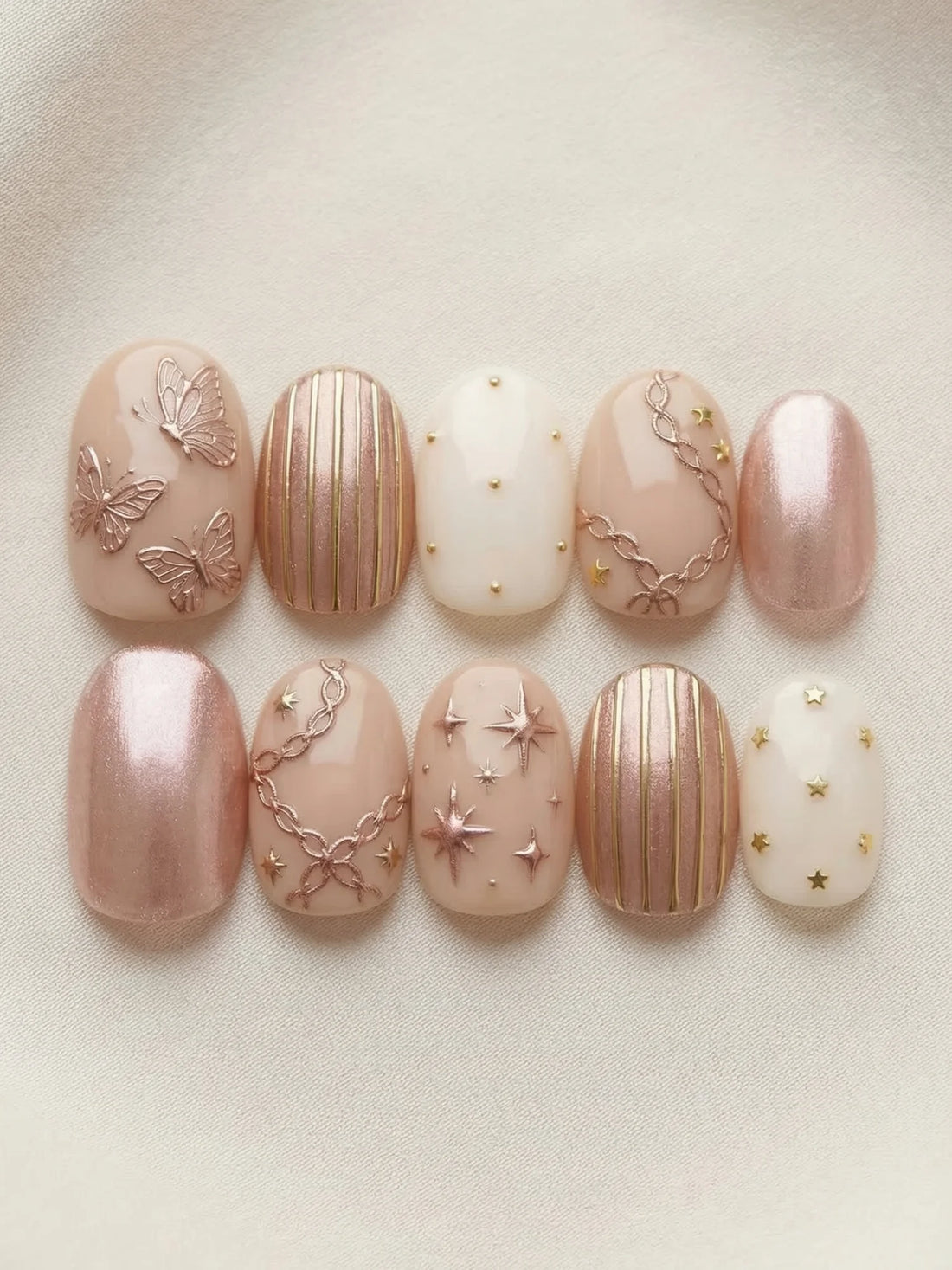 rose gold chrome almond medium press on nails metallic mockup 01