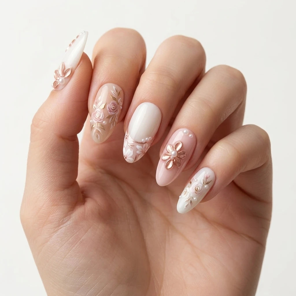 rose gold milky white 3d french tip almond press on nails rose flower pearl detail 03