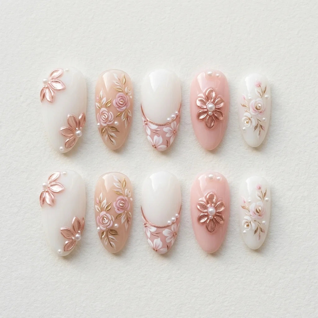 rose gold milky white 3d french tip almond press on nails rose flower pearl flat lay 04