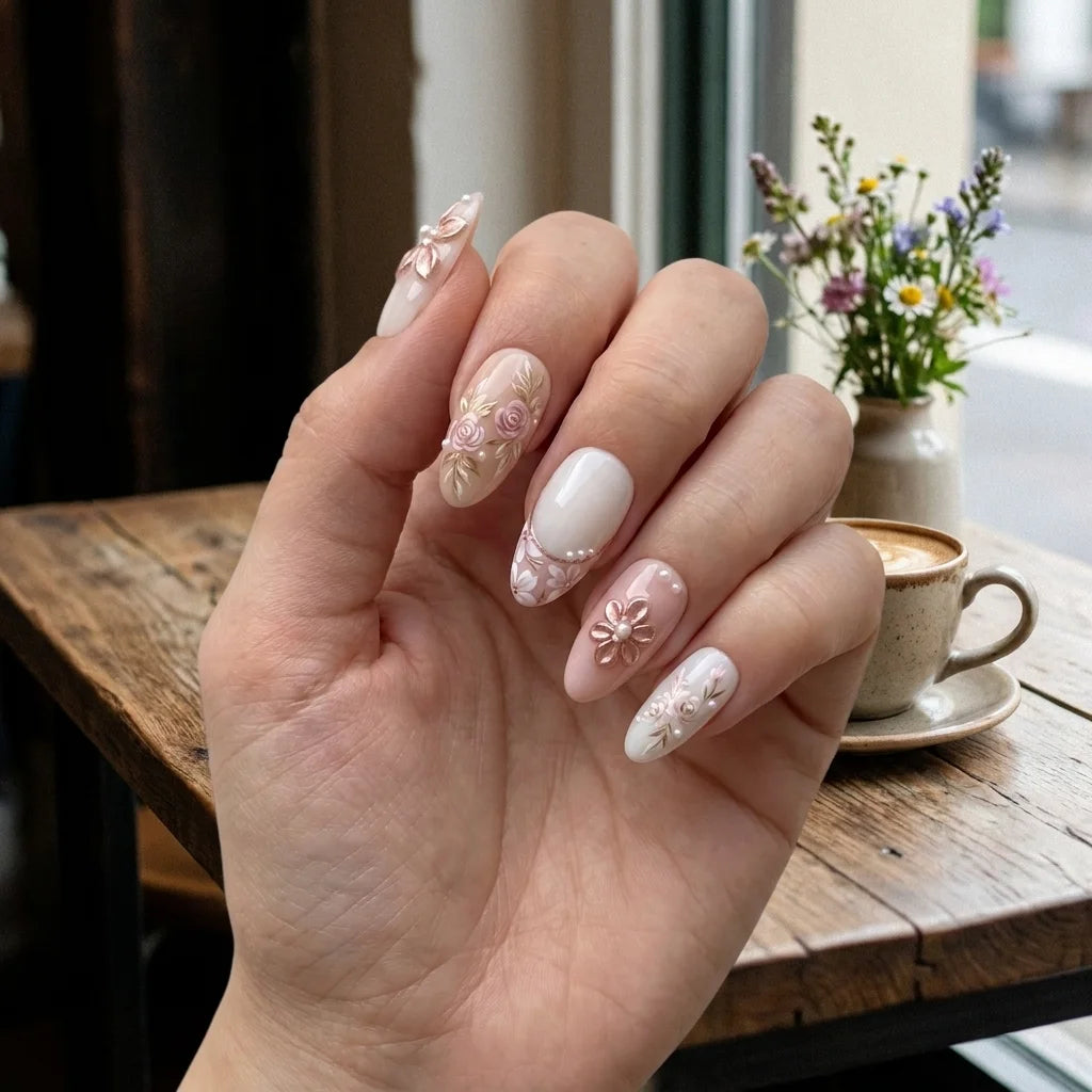 rose gold milky white 3d french tip almond press on nails rose flower pearl lifestyle 02
