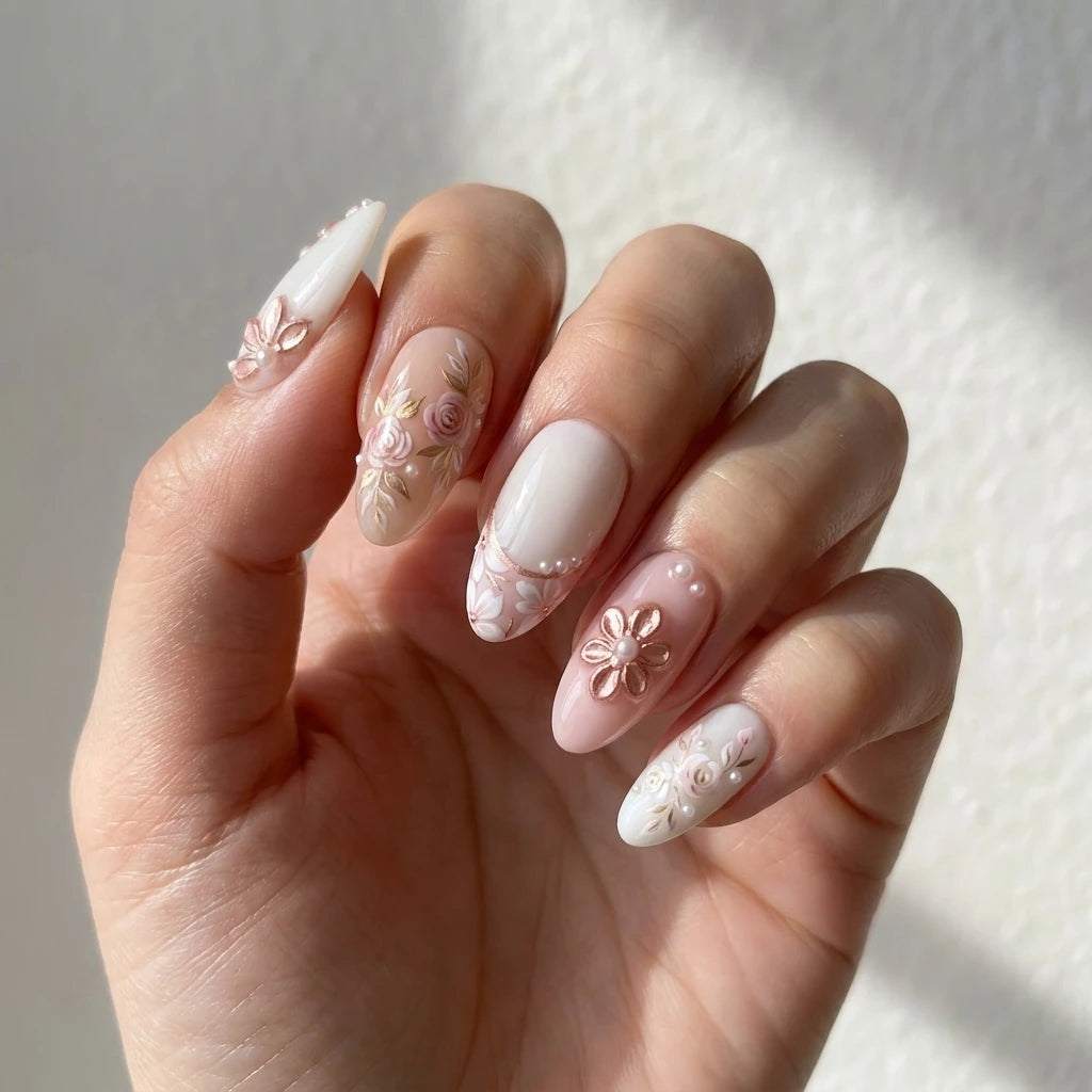 rose gold milky white 3d french tip almond press on nails rose flower pearl mockup 01