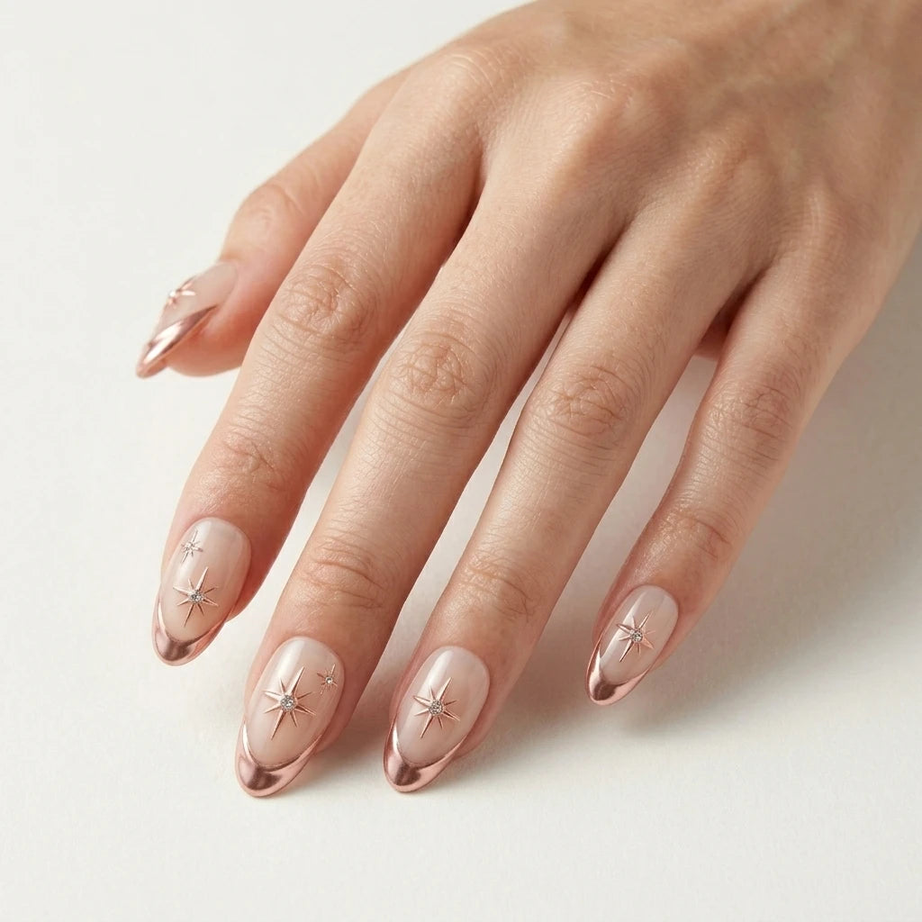 rose gold nude chrome french tip almond press on nails star rhinestone flat lay 03