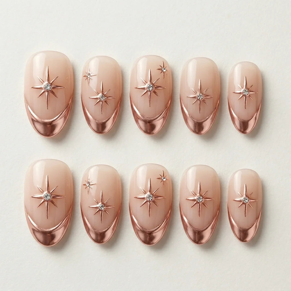 rose gold nude chrome french tip almond press on nails star rhinestone lifestyle 02
