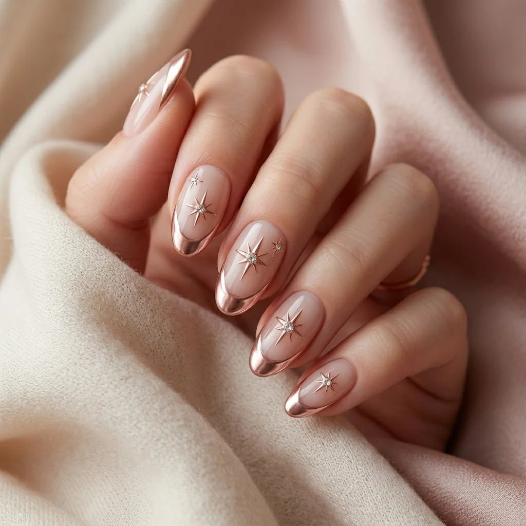 rose gold nude chrome french tip almond press on nails star rhinestone mockup 01