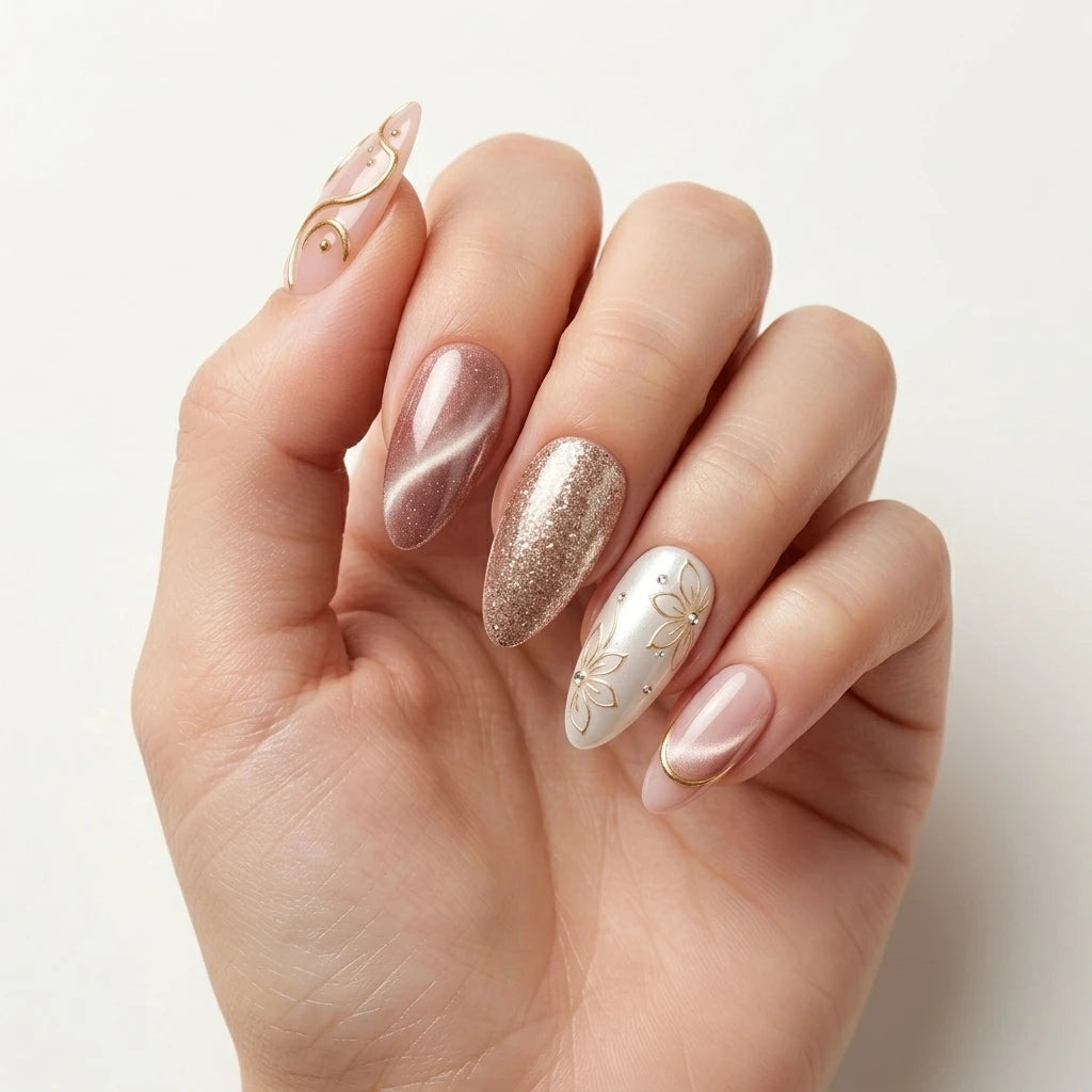 rose gold white 3d cat eye almond press on nails floral glitter detail 01