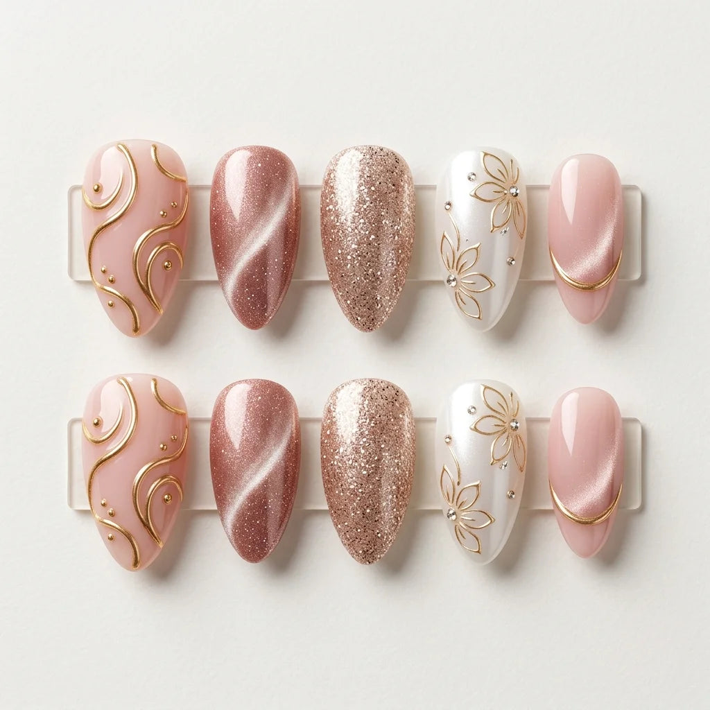rose gold white 3d cat eye almond press on nails floral glitter flat lay 01