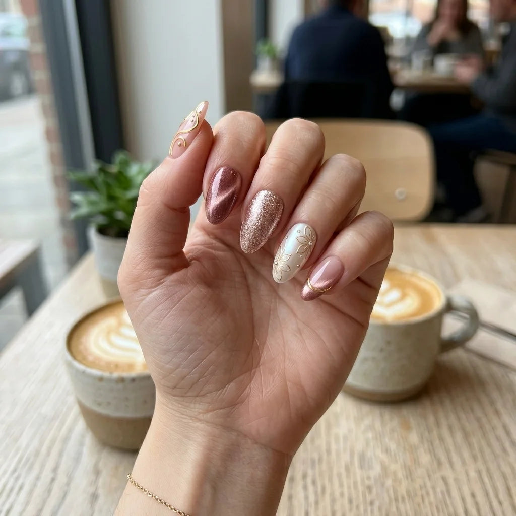 rose gold white 3d cat eye almond press on nails floral glitter lifestyle 01