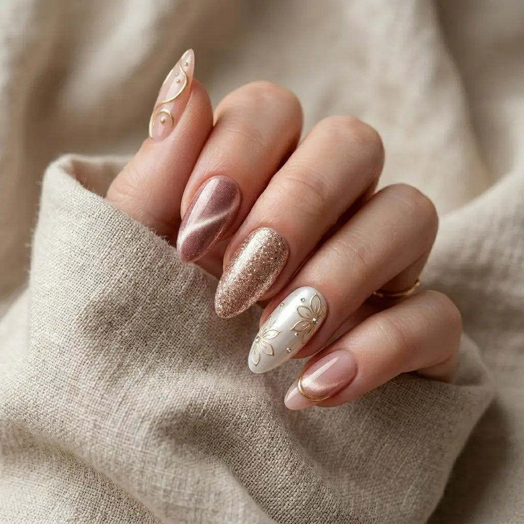 rose gold white 3d cat eye almond press on nails floral glitter mockup 01
