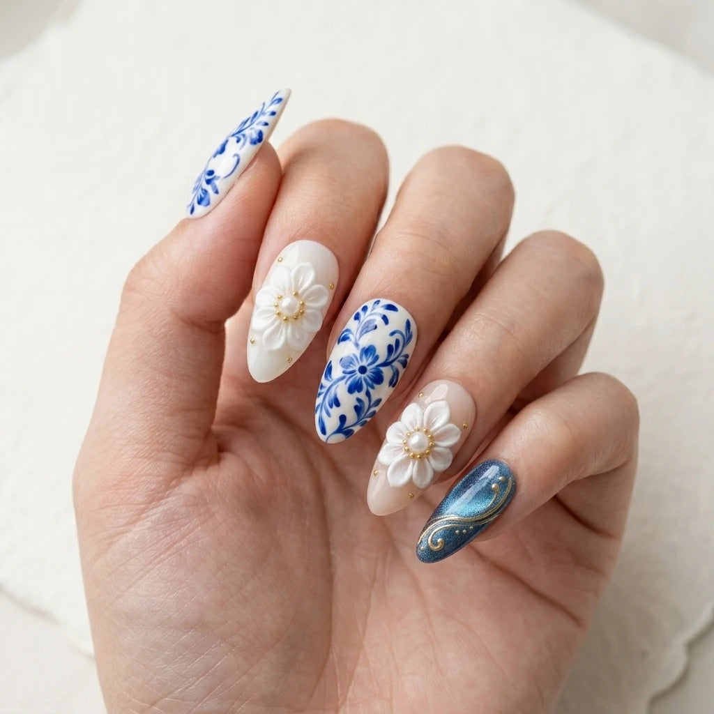 royal blue ivory 3d hand painted almond press on nails floral pearl gold swirl flat lay 03