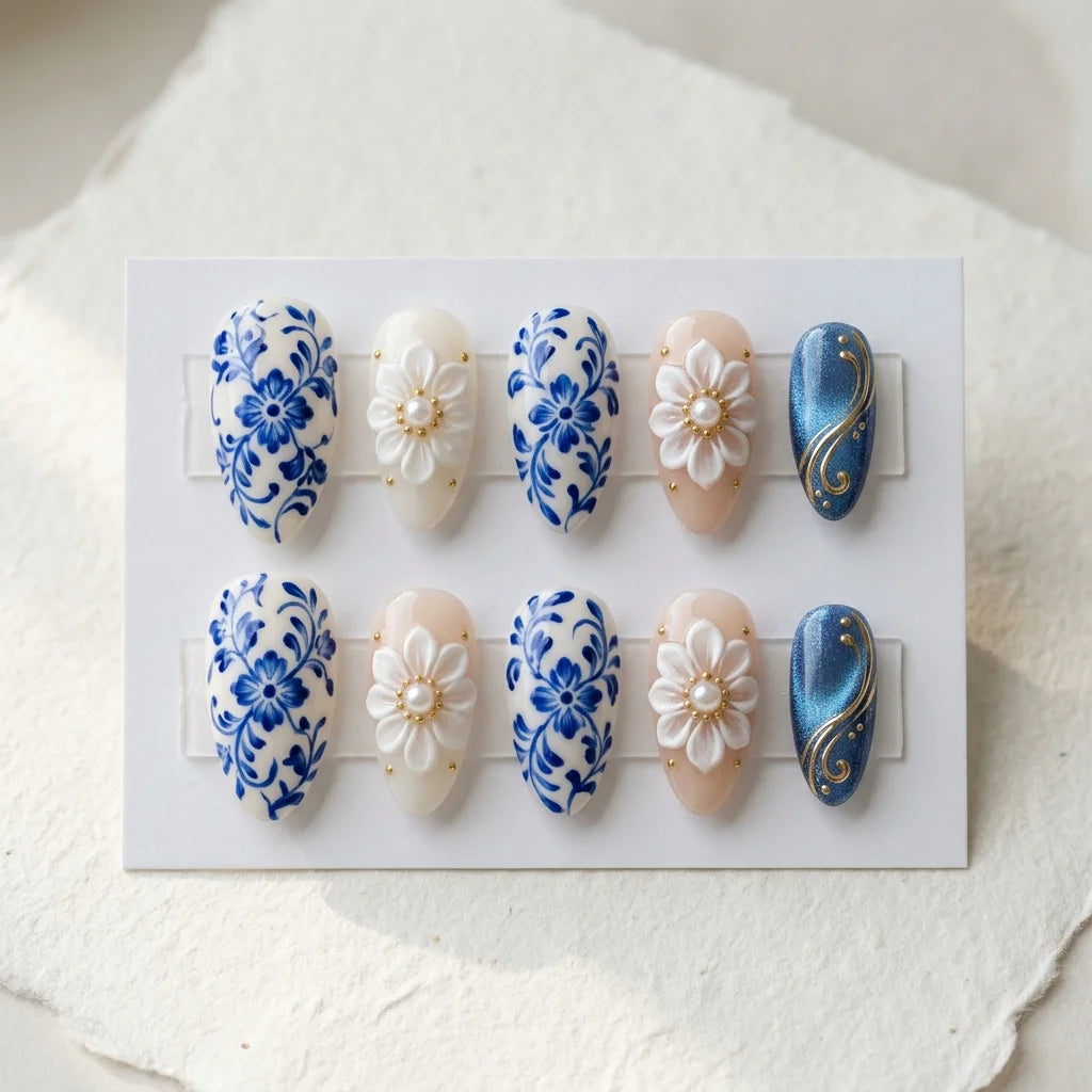 royal blue ivory 3d hand painted almond press on nails floral pearl gold swirl lifestyle 02
