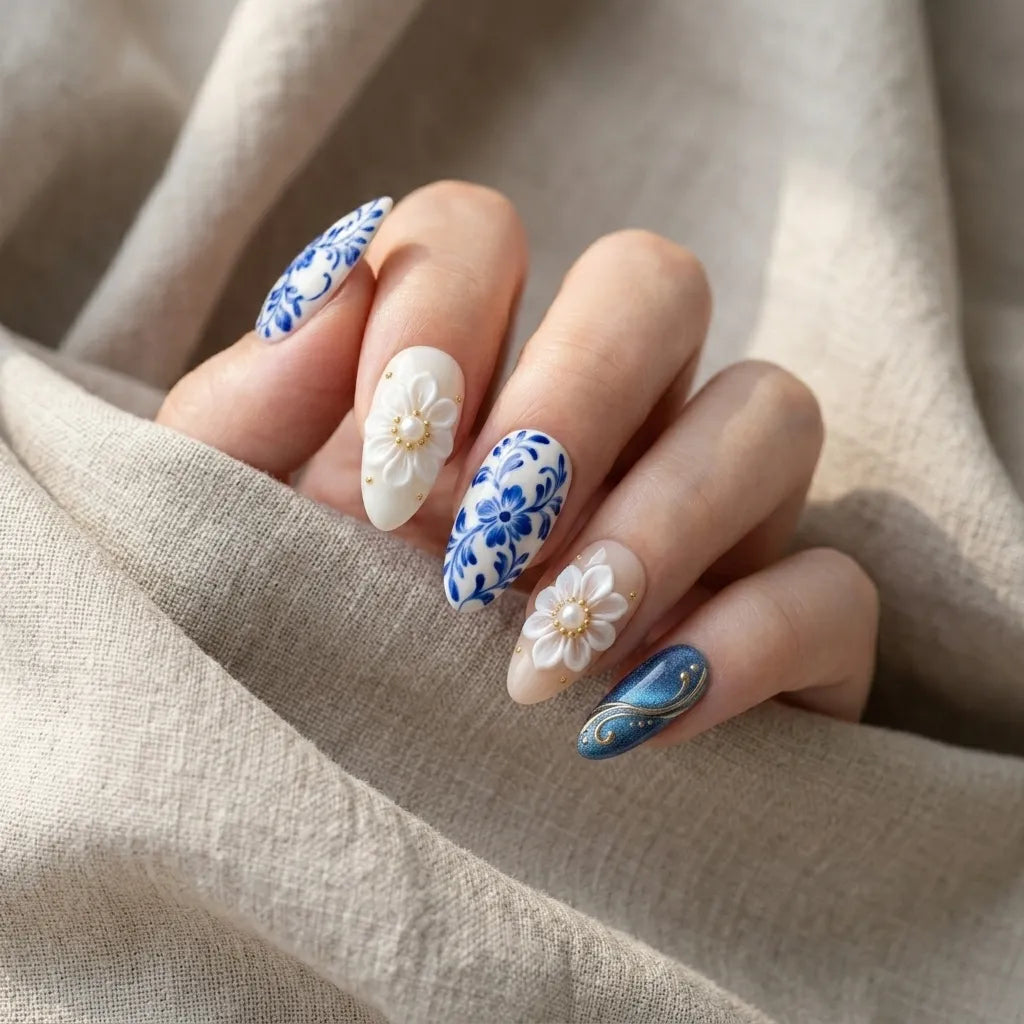 royal blue ivory 3d hand painted almond press on nails floral pearl gold swirl mockup 01