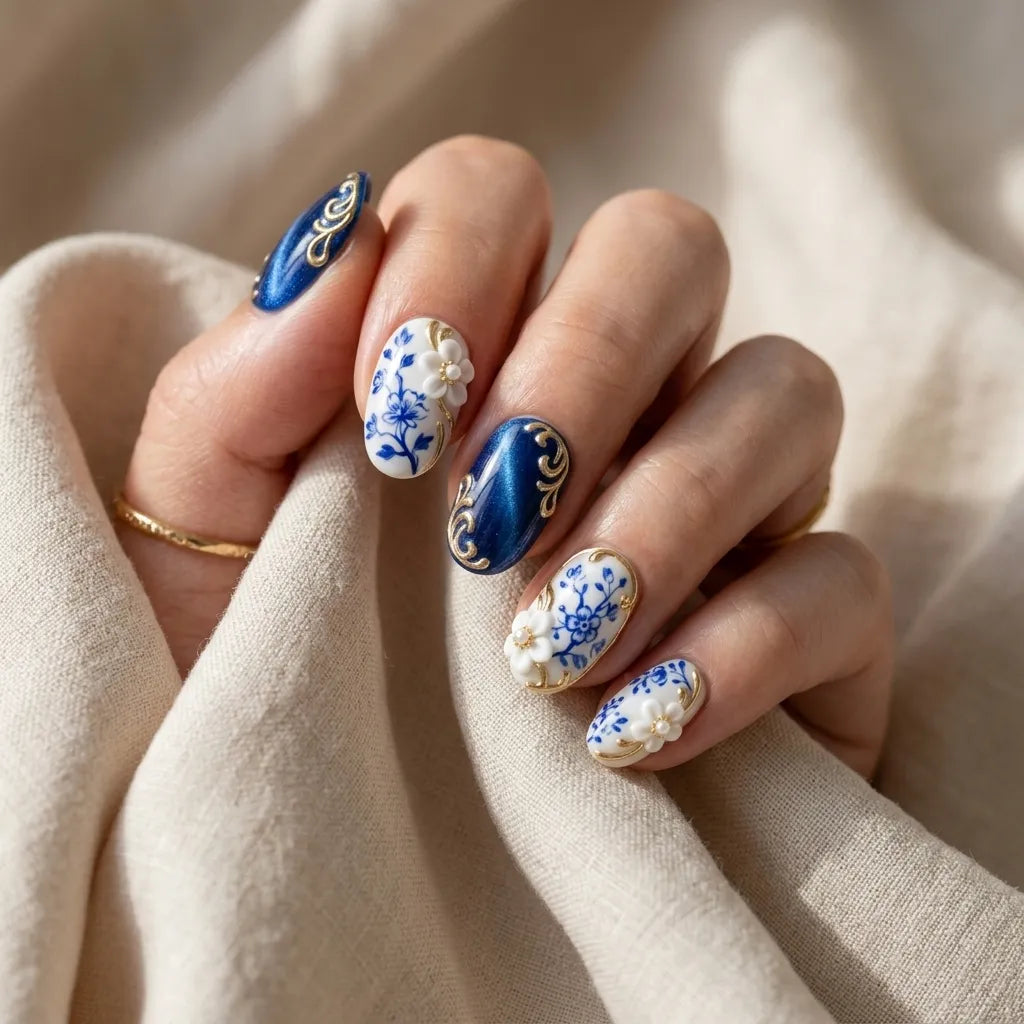 royal blue white 3d hand painted oval press on nails flower gold swirl floral flat lay 03