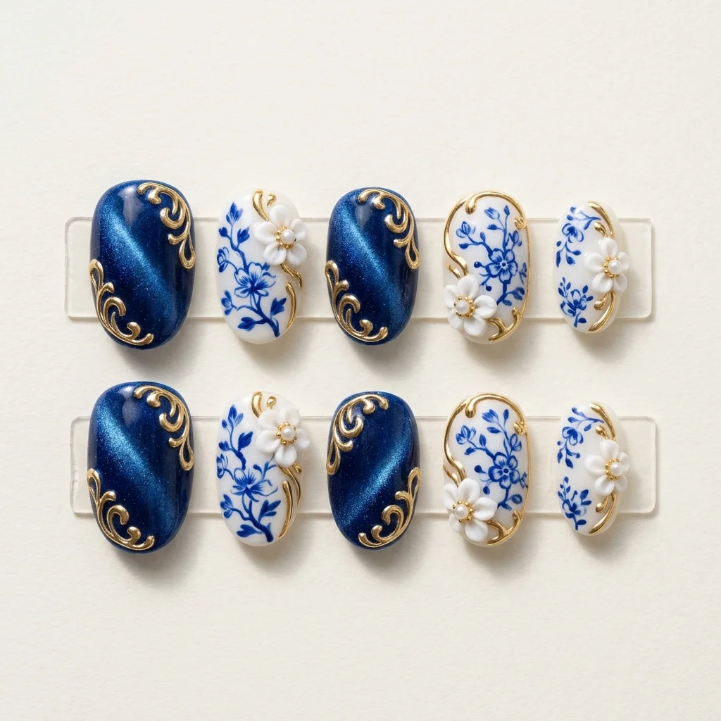 royal blue white 3d hand painted oval press on nails flower gold swirl floral lifestyle 02