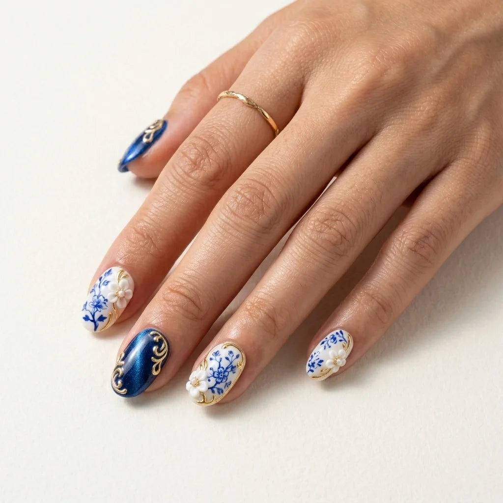 royal blue white 3d hand painted oval press on nails flower gold swirl floral mockup 01