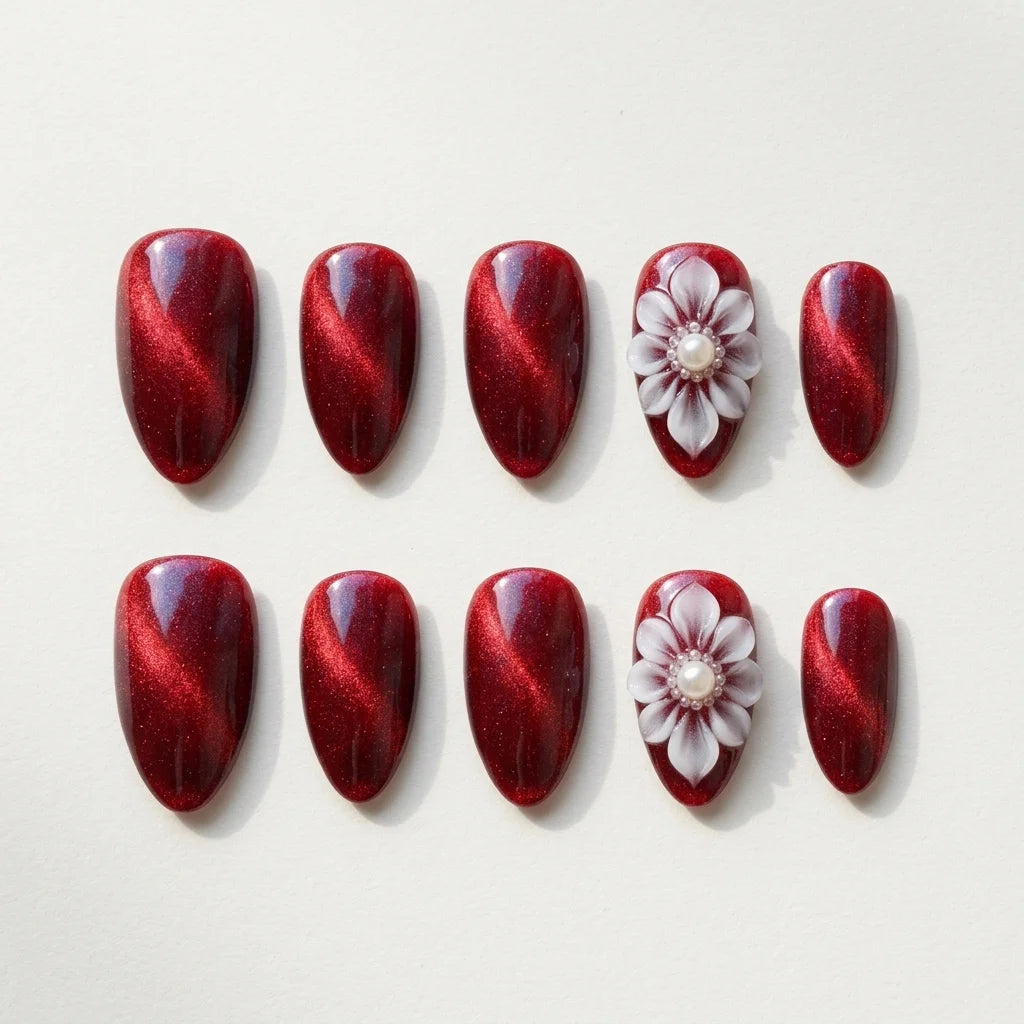 ruby red 3d cat eye almond press on nails flower pearl flat lay 05