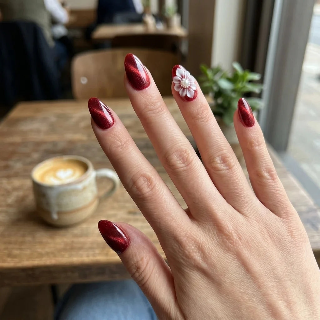 ruby red 3d cat eye almond press on nails flower pearl lifestyle 02