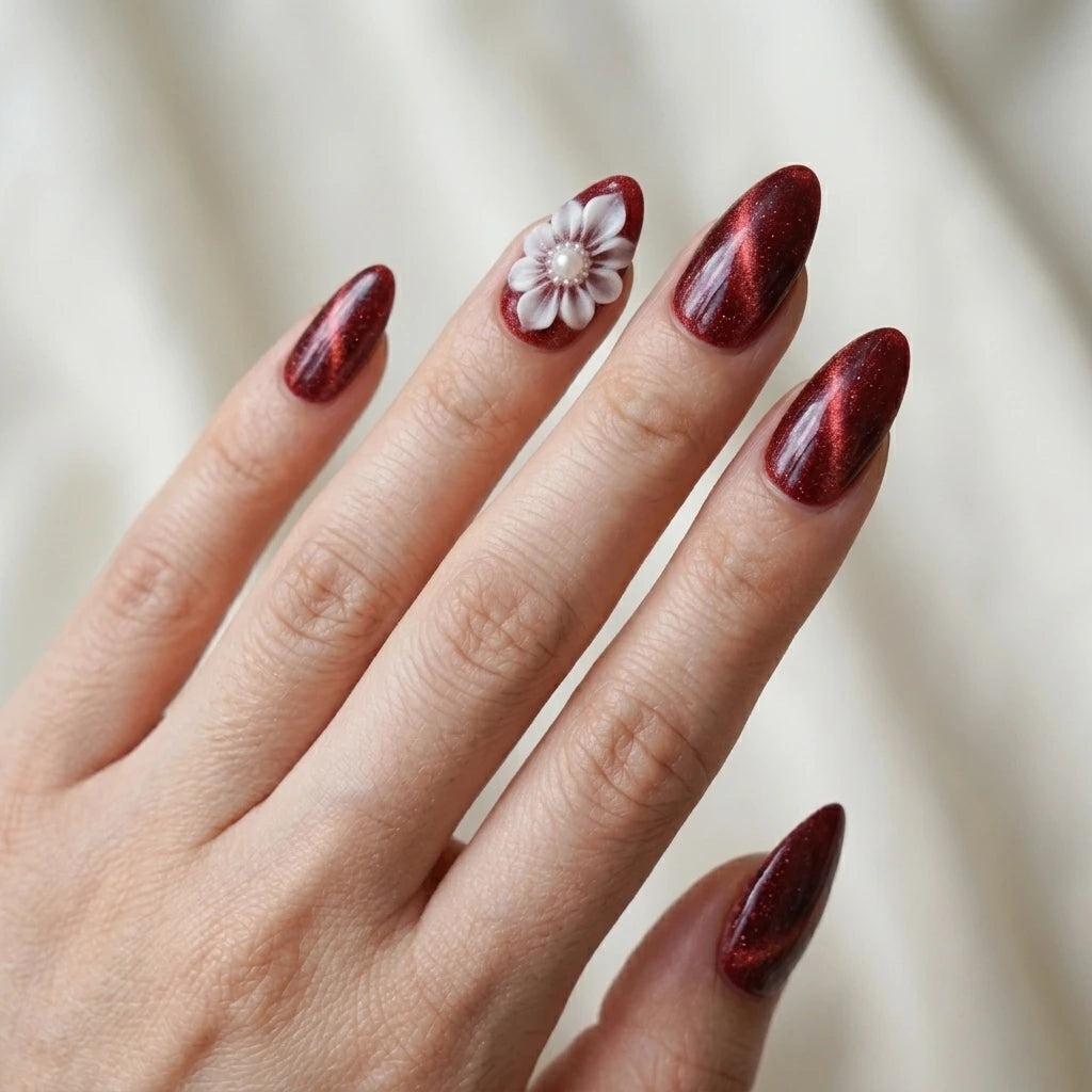 ruby red 3d cat eye almond press on nails flower pearl lifestyle 04
