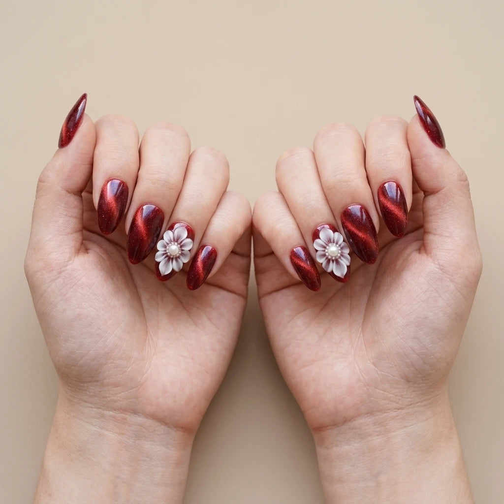 ruby red 3d cat eye almond press on nails flower pearl mockup 01