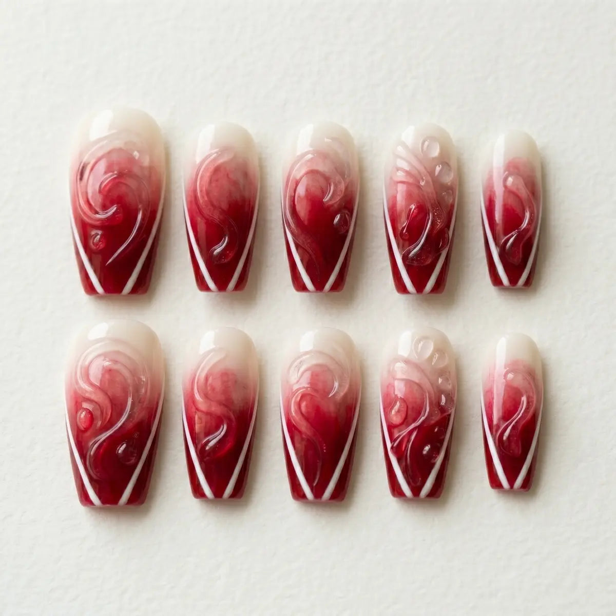 ruby red 3d coffin press on nails marble white swirl flat lay 01