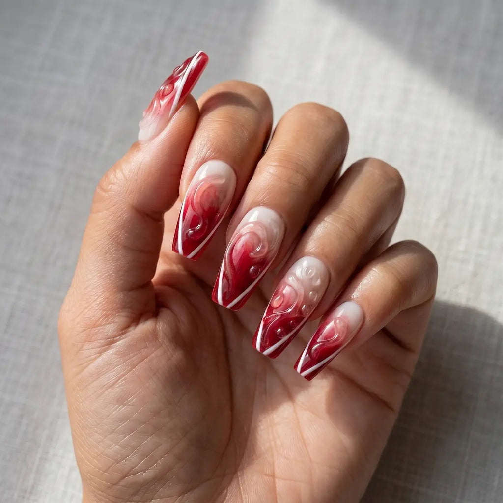 ruby red 3d coffin press on nails marble white swirl mockup 01